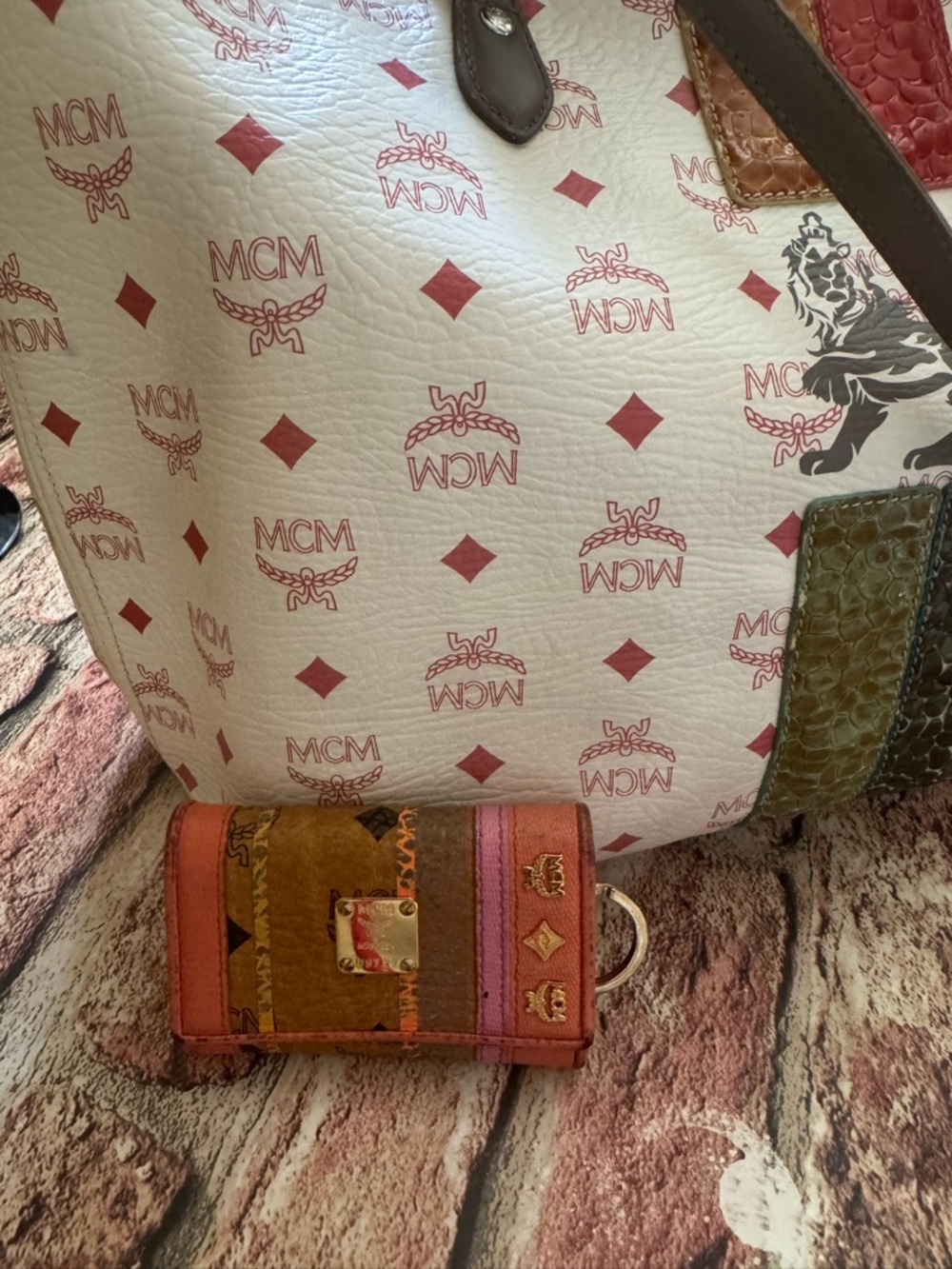 MCM Colorblock Trifold Key Pouch Wallet in Orange, Pink and Cognac/Beige - Picture 3 of 13